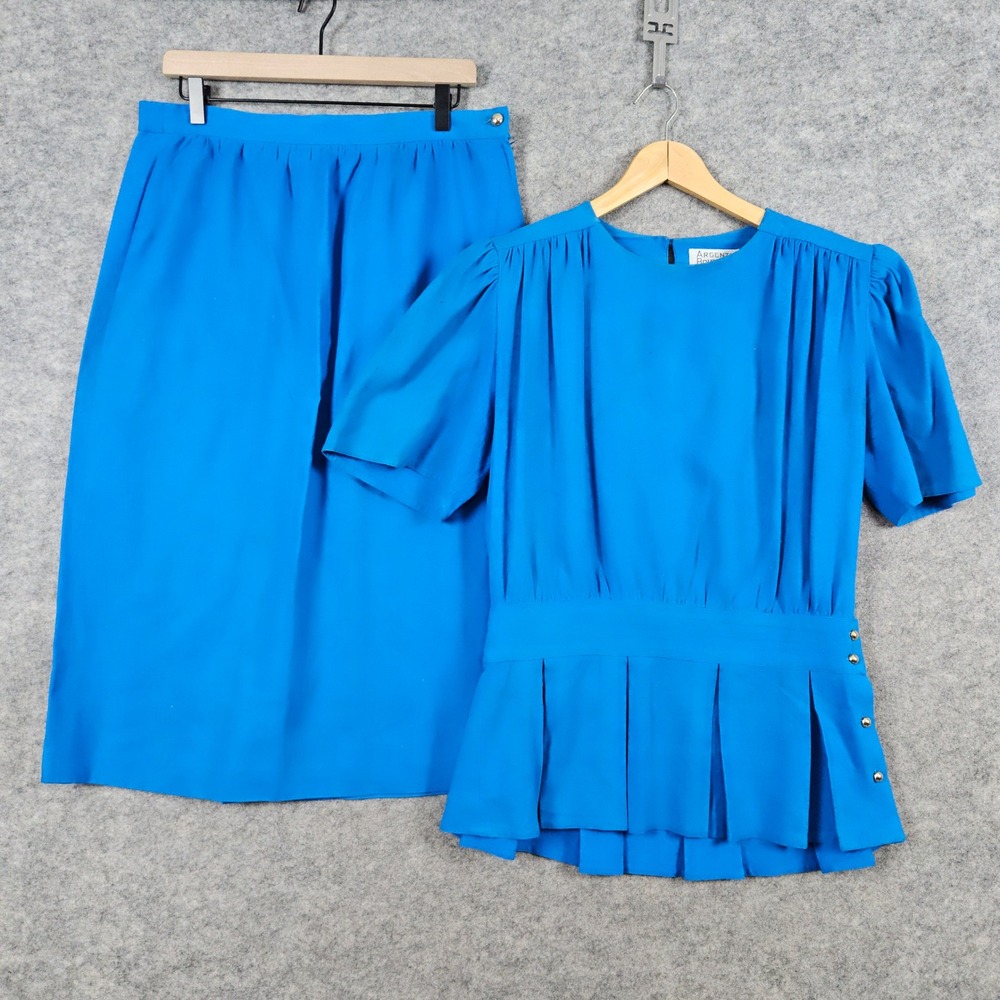 Argenti Boutique Women's Silk Skirt Suit Set Size 12 Blue Pleated Vintage FLAWED